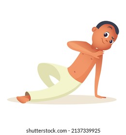 Serious boy doing capoeira movement from below while standing on one arm and leg. Child goes in for sports. Vector illustration