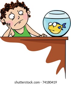 Serious boy with a fish in an aquarium