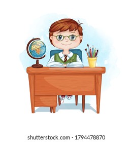 A serious boy with glasses sits at a desk. Vector character schoolboy. Watercolor background, hand drawing.