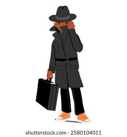 Serious boy kid detective cartoon character wearing secret agent trendy outfit talking into radio wiretapping sensor in coat collar holding briefcase in hand vector illustration isolated on white