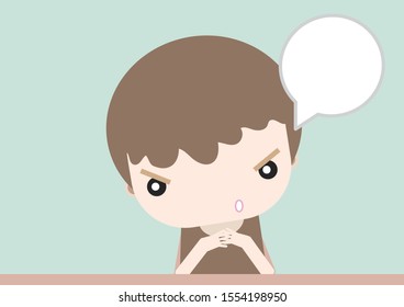 serious boy with speech bubble  flat color cartoon design.  vector eps.10