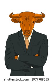 Serious bull - a businessman in a business suit: shirt, jacket and tie, stands with folded hands. Vector illustration
