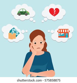 Serious business woman with icons of money, car, house and broken heart, conceptual cartoon character vector illustration.