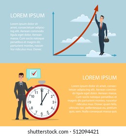 Serious businessman holding clock over head, for time management or deadline theme design. Cartoon poster vector illustration. Banners for web design in business style set. Template for your text.