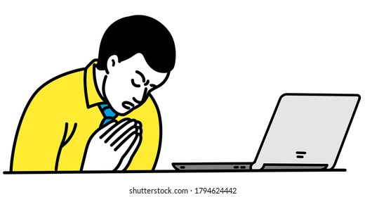 Serious Businessman Make Praying Hands In Front Of Laptop Computer, Begging For Doing Something Success Before Deadline. Vector Illustration Character, Outline, Linear, Thin Line Art, Hand Drawn.