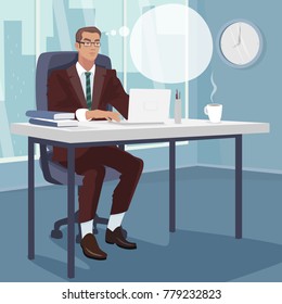 Serious businessman or manager concentrates working on white laptop, sitting in office with large window. Think bubble. Working day concept. Simplistic realistic style. Vector illustration