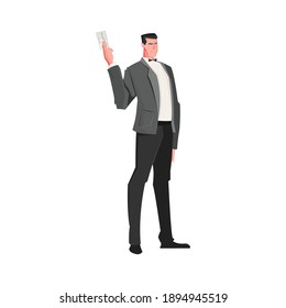 Serious businessman in suit holding plastic card flat icon vector illustration