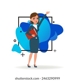 Mujer de negocios seria apuntando hacia arriba con la mano. Personaje de negocios femenino en ropa formal con carpeta. Ilustración vectorial plana. Negocio, concepto de publicidad para el Anuncio, diseño de Sitio web, página de destino