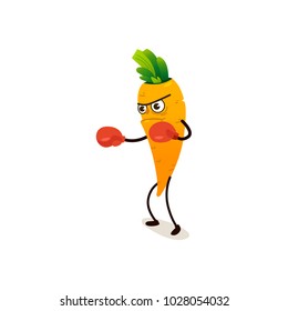 Serious carrot character in boxing gloves punching, cartoon vector illustration isolated on white background. Funny carrot character, mascot with human face boxing, training punching, doing sport