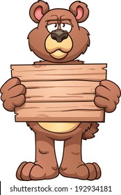 Serious cartoon bear holding a wooden sign. Vector clip art illustration with simple gradients. All in a single layer.