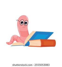 Serious cartoon bookworm with glasses reading a colorful book on a white background, representing the joy of learning and adventure in literature.