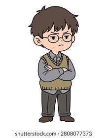 Serious cartoon boy with glasses crossing arms in flat vector illustration.
