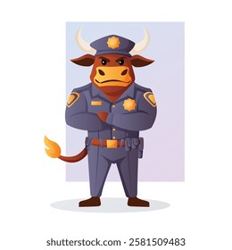 A serious cartoon bull in a police uniform stands with arms crossed, looking confident. Vector illustration.  
