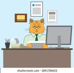 A Serious Cartoon Cat Accountant Is Sitting At His Desk Crunching Numbers