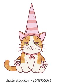A serious cartoon cat in a pink striped cap hat. Cute cats series.