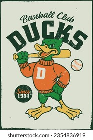 Serious Cartoon Duck Ready to PlayBaseball Poster in Vintage Style