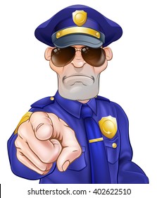 Serious cartoon police officer policeman in sunglasses pointing