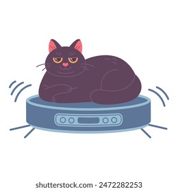 Serious cat lying on robot vacuum cleaner, hand drawn, vector illustration