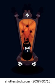 A serious cat in a tailcoat. Vector illustration for Halloween. All Saints ' Day. The palette of autumn. Design for a postcard, invitation, banner. Happy Halloween. A Gothic armchair. Trick or treat.