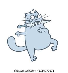 Serious caucasian cat dancer. Vector illustration. Funny animal character.