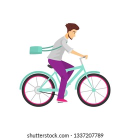Serious caucasian man with backpack hurry up riding blue bicycle on white