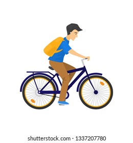 Serious caucasian man with backpack riding blue bicycle on white