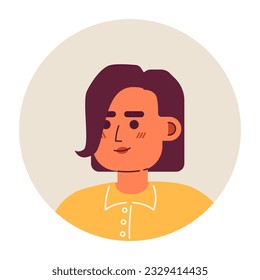 Mujer caucásica grave con cabeza de personaje vectorial semi-plana de corte de pelo de pelo de moda. Icono de avatar de caricatura editable. Enfrentar la emoción. Ilustración de puntos coloridos para diseño gráfico web, animación