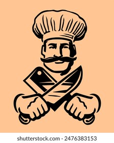 Serious chef in hat with kitchen knives. Emblem or logo for butcher shop or grill restaurant. Vector illustration