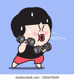 Serious Chubby Girl With Funny Face Tired Of Weighlifting Concept Card Character illustraton