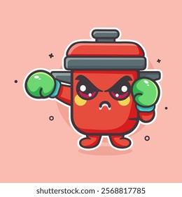 serious cooking pot character mascot playing boxing sport isolated cartoon