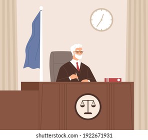 Serious court judge sitting at bench, listening and taking notes in courtroom with flag. Legal authority at work. Senior man in black gown at desk with code. Colored flat vector illustration