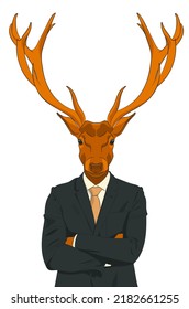 Serious deer - a businessman in a business suit: shirt, jacket and tie, stands with folded hands. Vector illustration	