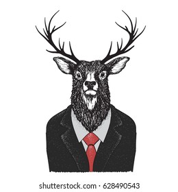 Serious deer like a human.Dressed in jacket with red tie.Vector illustration