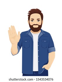 Serious determined bearded man showes stop gesture with his hand isolated vector illustration