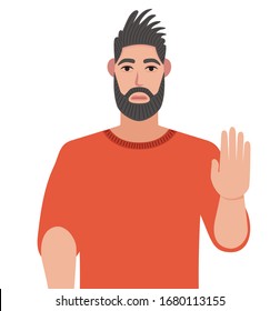 Serious determined bearded man shows stop gesture with his hand. Vector illustration in cartoon style.