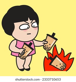 Serious Diet Girl Throw Her Liking​​ Bubble Milk Tea Into The Burning Fire Flame Concept Card Character illustration