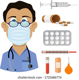A serious doctor with glasses and a set of medicines and medical equipment. Vector illustration on the topic of medicine and health.