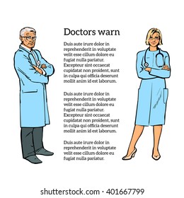 Serious doctor man to his full height, the attending person is baptized with her hands, warning look of an old man, vector illustration isolated on white background, art sketch hand-drawn. Doctor man