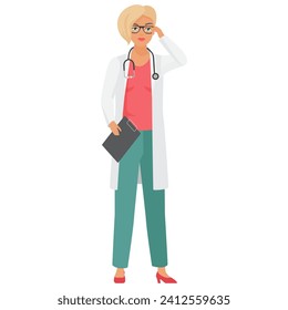 Serious doctor woman with analysis clipboard. Hospital clinical worker in white coat cartoon vector illustration