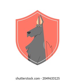 Serious dog on the shield. Great Dane breed. Furry guard. Vector flat illustration.