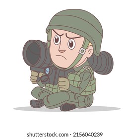 Serious expression cartoon soldier going into battle with artillery isolated on white background,illustration