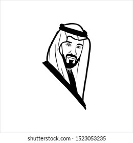 Ernsthafter Ausdruck eines muslimischen Mannes mit Kopf-Scarf. Handgezeichnete Skizze. Mohammed Salman Al Saud. Vektorgrafik.