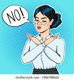 Serious Face Business Woman Saying No With Hand Crossed Gesture, Asian Businesswoman Pop Art Comic Vector Illustration