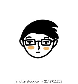 Cara seria del tipo con gafas. Cara de perro. Ilustración aislada de vector blanco y negro. Alumnos o adolescentes dibujados a mano