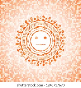 serious face icon inside abstract emblem, orange mosaic background