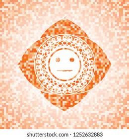 serious face icon inside abstract emblem, orange mosaic background