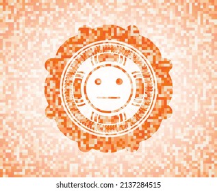 serious face icon inside abstract orange mosaic emblem with background. 