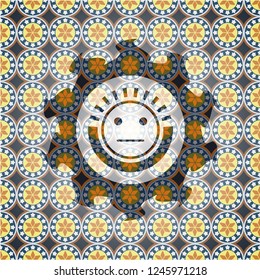 serious face icon inside arabic badge background. Arabesque decoration.
