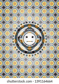 serious face icon inside arabic badge background. Arabesque decoration.
