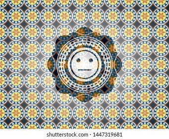 serious face icon inside arabic emblem background. Arabesque decoration.